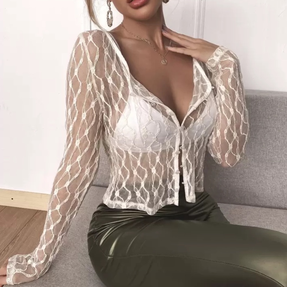 Lace Button-Up Blouse in Cream